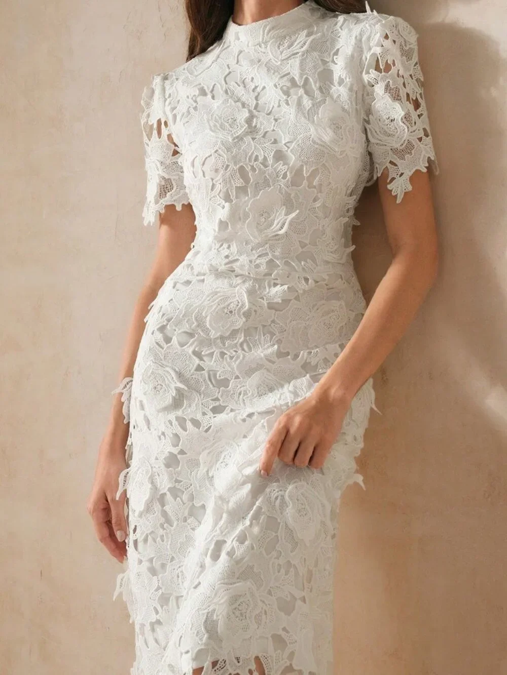 White Elegant Women's Slim Fit Lace Trimmed Maxi Dress - Picture 3 of 7